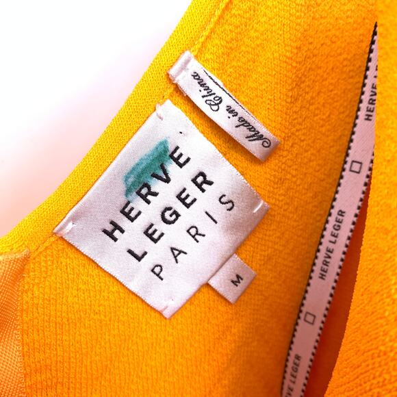 Herve Leger Ottoman Scoop-Neck Ribbed Mini Dress Womens Sz M Golden Yellow - Picture 7 of 8